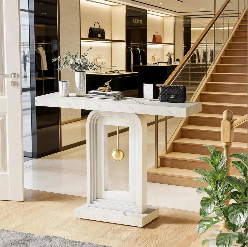 Tavolino Consolle stretto in MDF con piano in marmo bianco, 100 cm, per ingresso e soggiorno