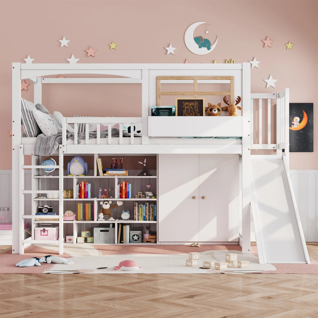 Letto a soppalco per bambini con scivolo; armadio e ripiani; in pino; MDF e compensato; bianco e naturale; 90x200 cm