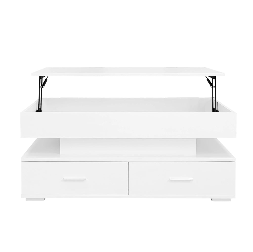 Tavolino da caffè bianco 100x50x44 cm con alzata idraulica, LED integrato, Bluetooth, 2 cassetti e vano aperto