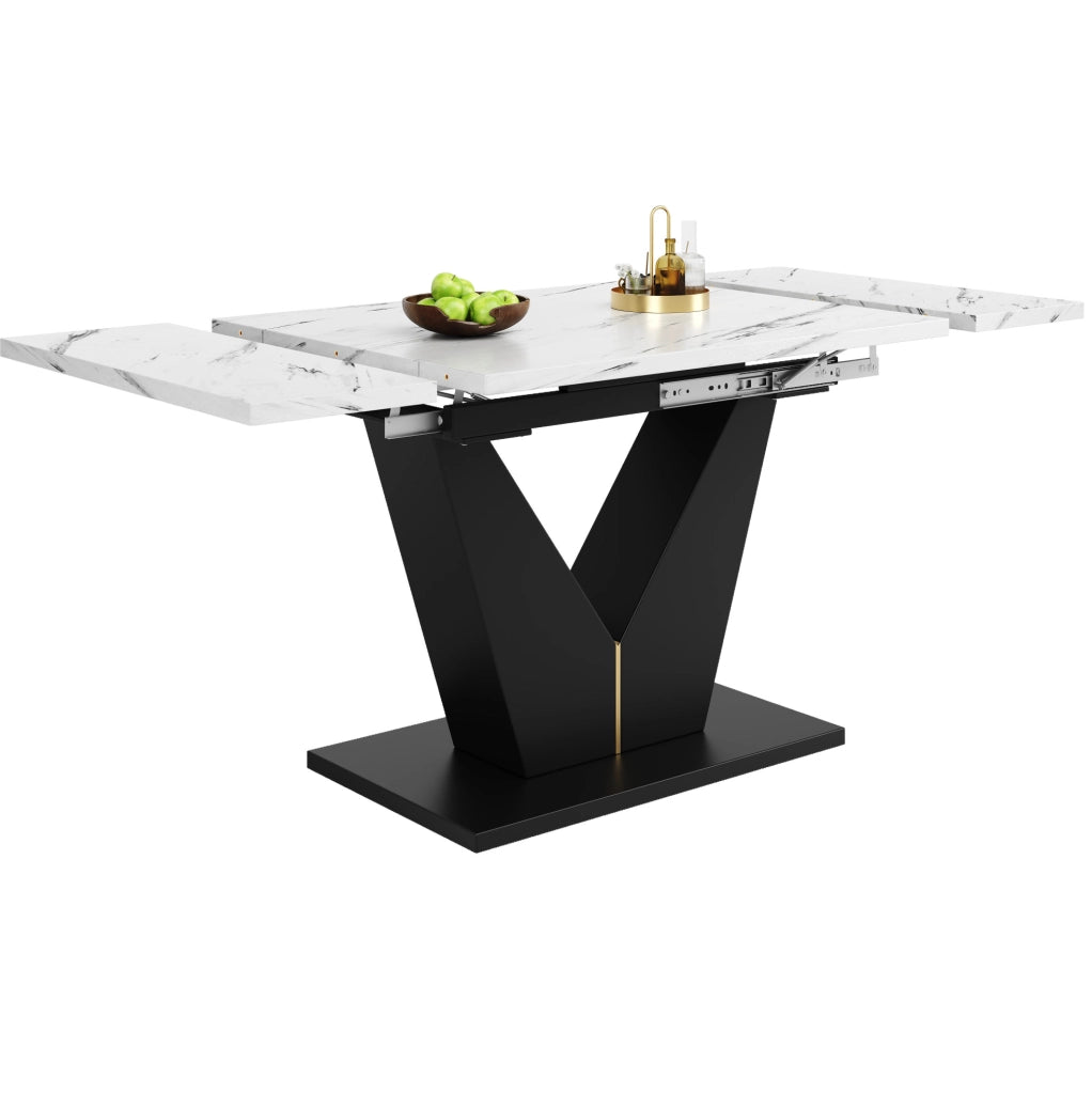 Tavolo da pranzo allungabile 99-159x75 cm con piano in MDF effetto marmo e gambe a V regolabili