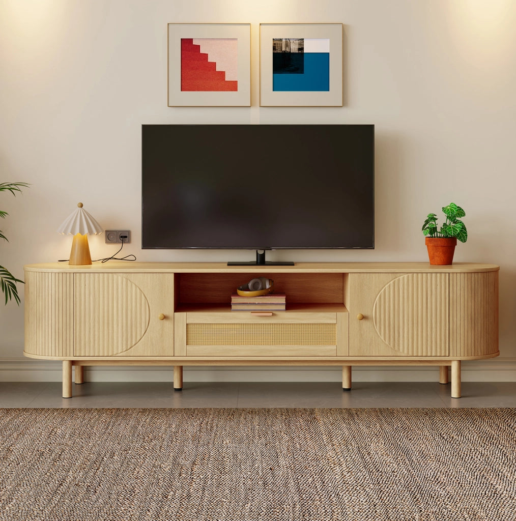 Mobile TV 175x36x51 cm con cassetto in rattan; 2 ante; passacavi; MDF e gambe in metallo; naturale