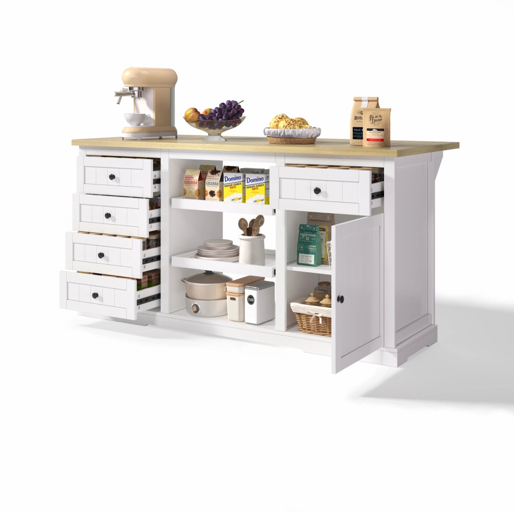Mobile da cucina 150x65x75;5 cm con 5 cassetti; piano ribaltabile e prese USB; bianco
