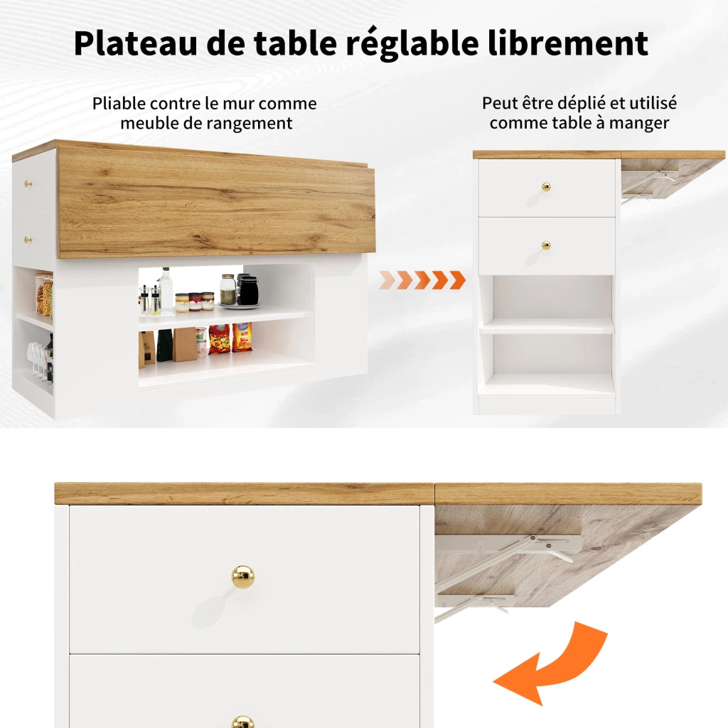 Isola da cucina con piano pieghevole armadio a 2 ante cassetti e ripiani in MDF bianco e metallo