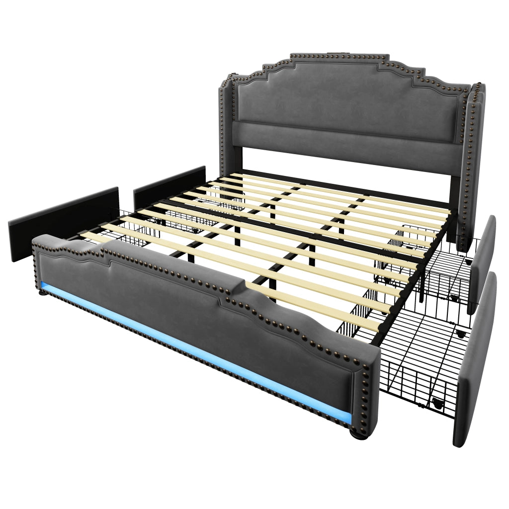 Letto con Cassetti 180x200 cm; Letto Matrimoniale - 4 Cassetti; USB; Type-C e LED