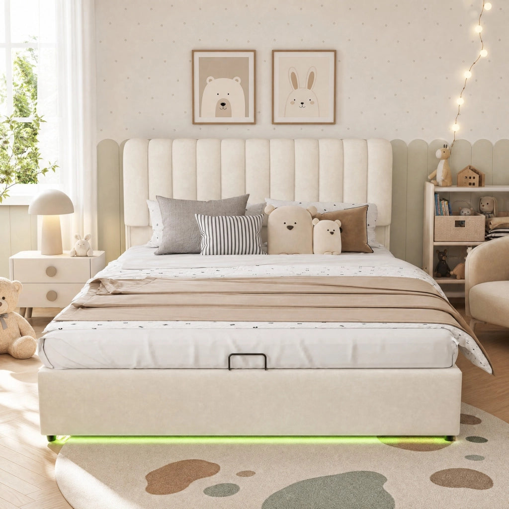 Letto contenitore imbottito 140x200 cm con 3 cassetti e LED; velluto beige