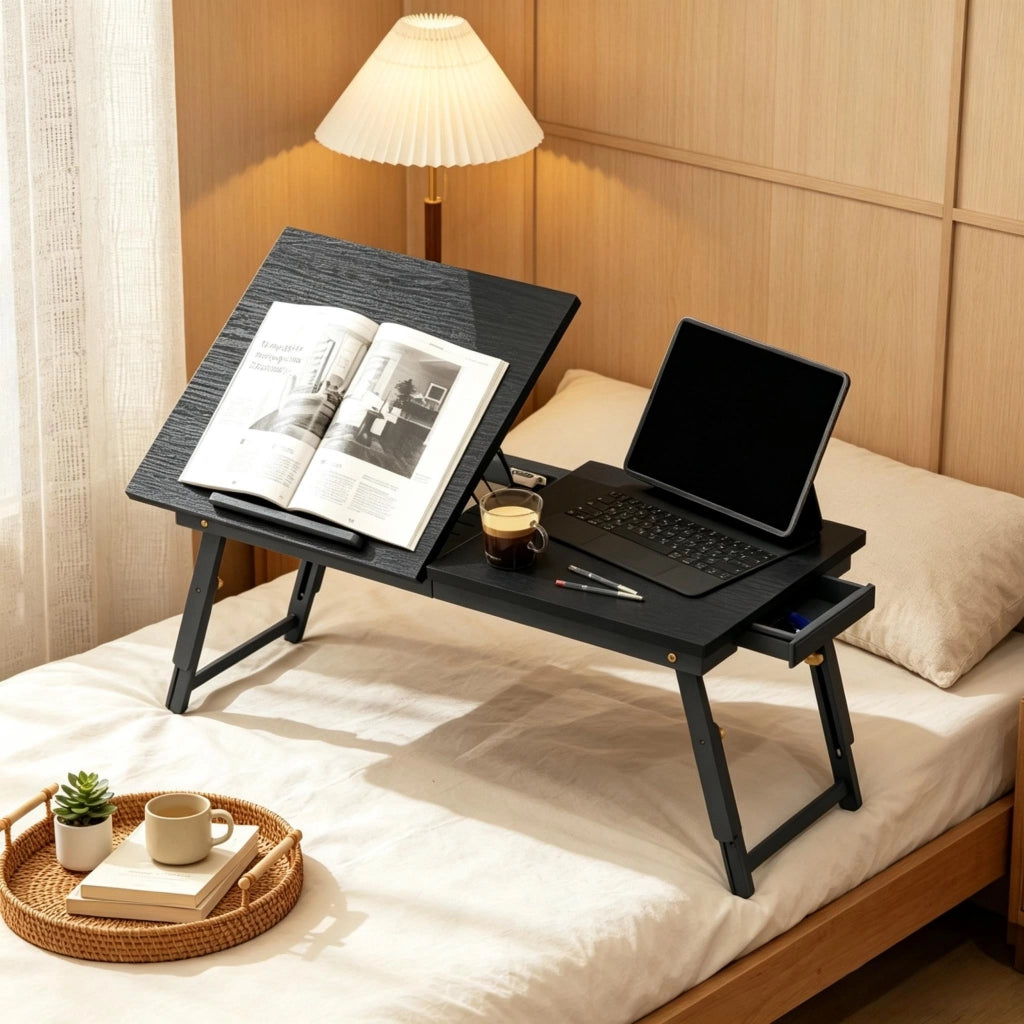 Tavolo da letto per laptop regolabile 70 × 33 cm con piano inclinabile e vano laterale in bambù e MDF nero