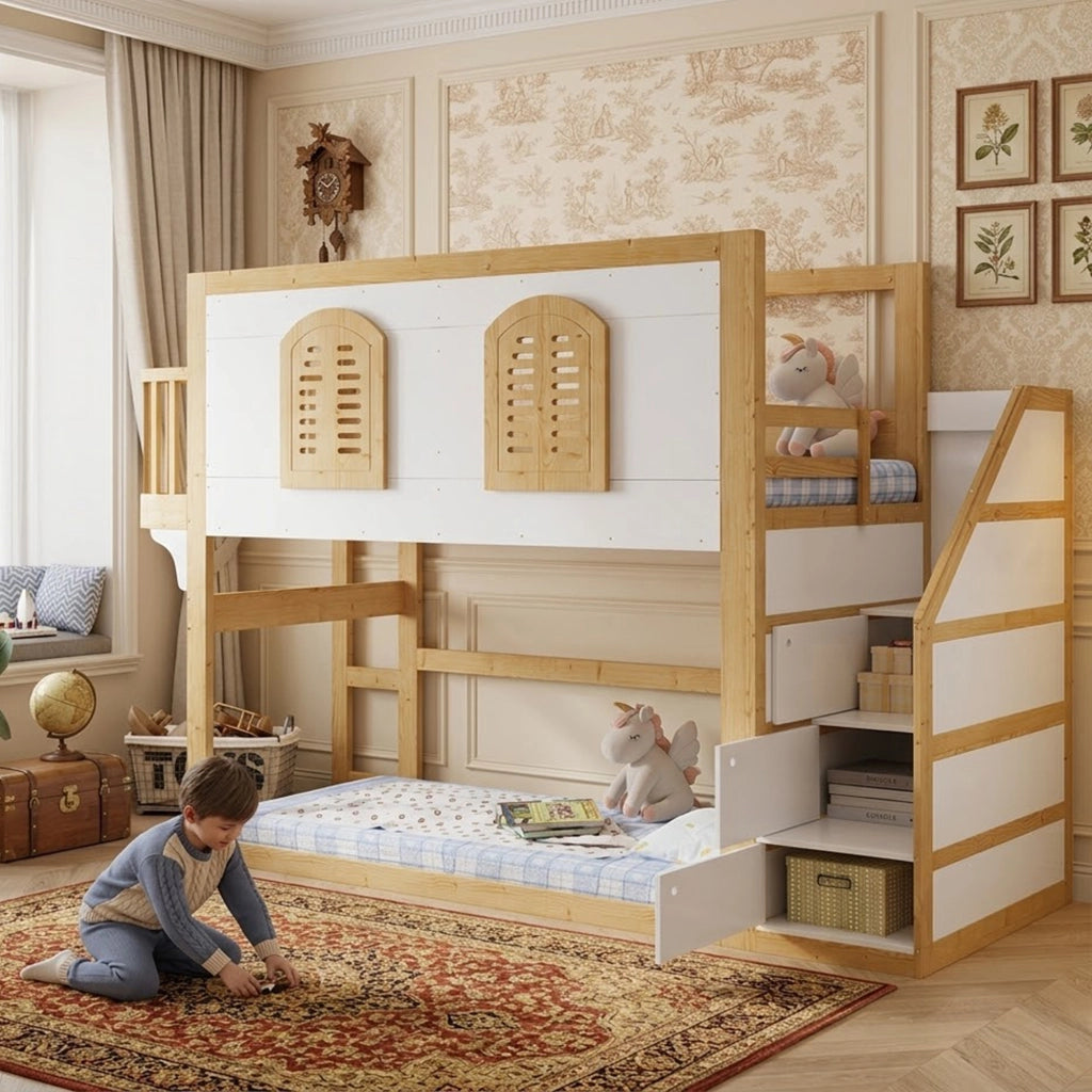 Letto a soppalco per bambini 90×200 cm con scala contenitore e area gioco, senza materasso, in legno bianco e naturale