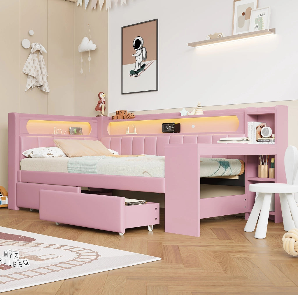 Daybed imbottito 90x200 con USB; LED; scrivania e 2 cassetti; rosa