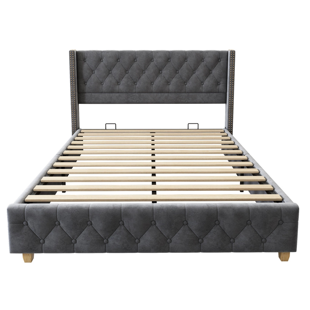 Letto imbottito 160 ¡Á 200 cm con rete a doghe e testiera capitonn¨¦ in lino beige con gambe in legno