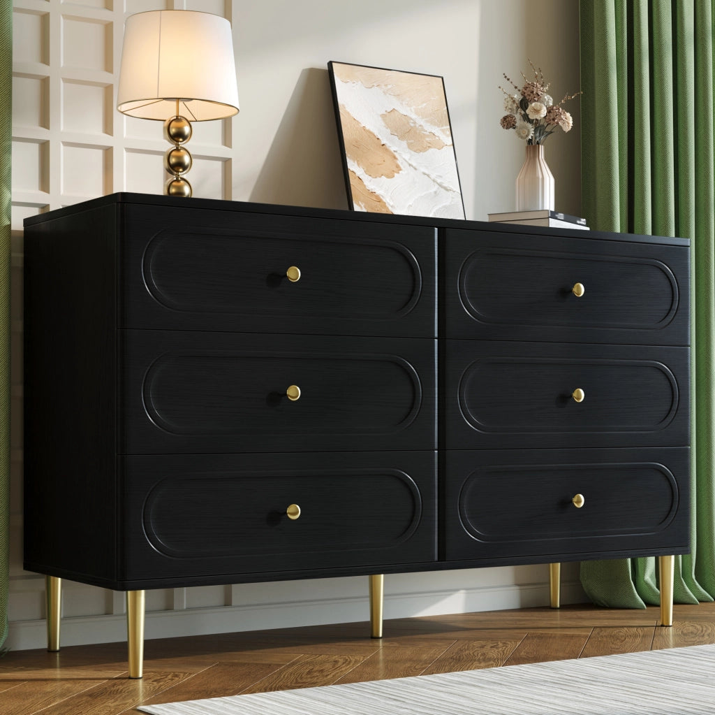 Credenza con 6 cassetti e piedini in metallo in MDF e truciolare nera