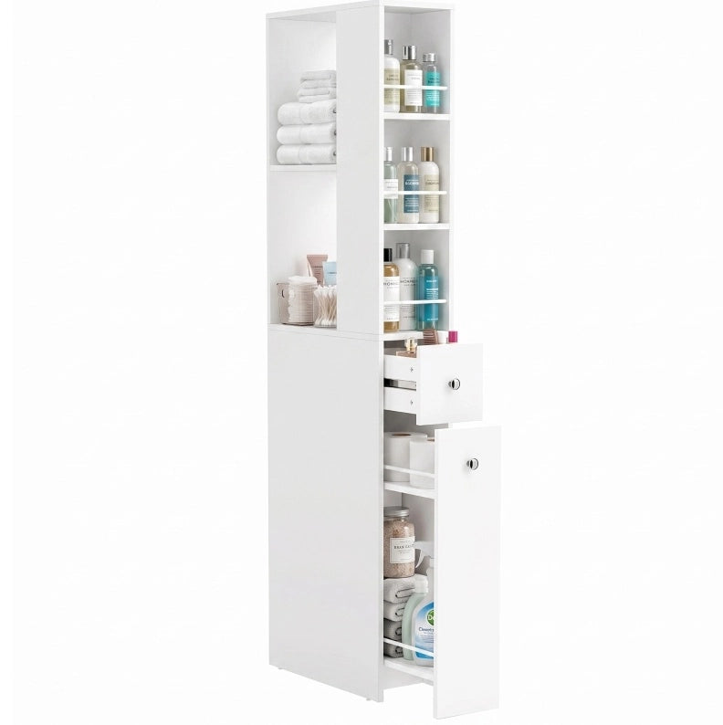 Armadio bagno alto slim 135 cm con 2 cassetti, 2 ripiani laterali e 3 scomparti, bianco