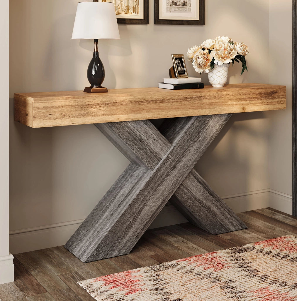 Tavolo Consolle Stretto in Legno 140 x 30 x 80 cm - Struttura Aperta a X Colore Naturale
