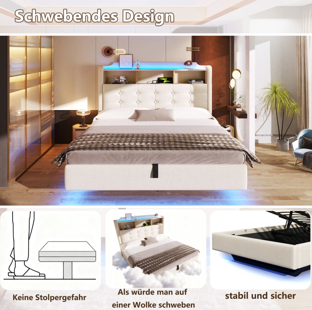 Letto imbottito 140x200 cm beige con LED, vano idraulico e USB