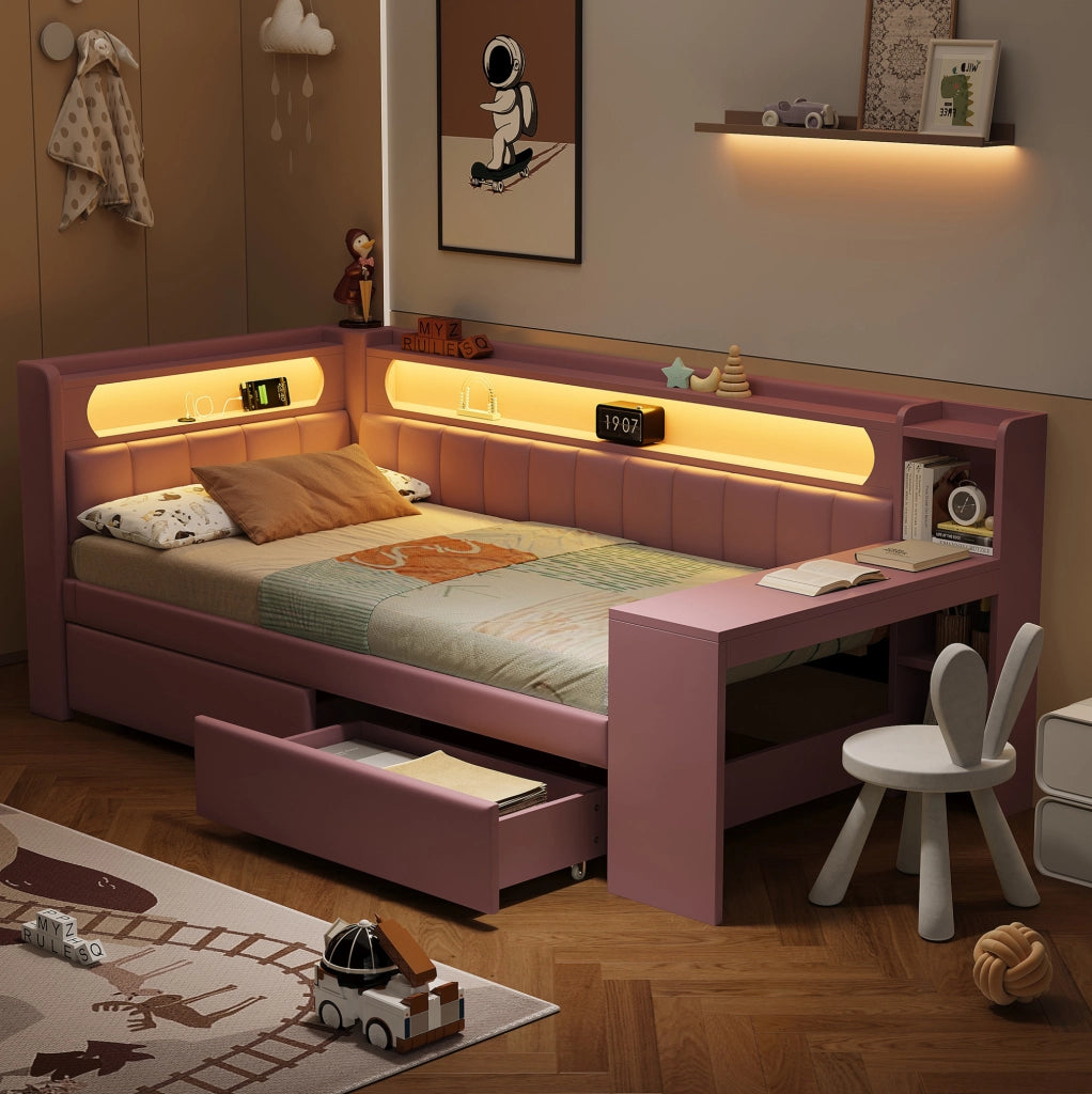 Daybed imbottito 90x200 con USB; LED; scrivania e 2 cassetti; rosa