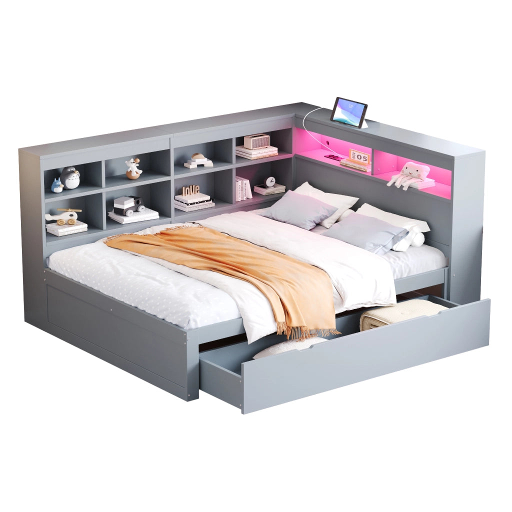 Letto matrimoniale 140 × 200 cm con cassetti LED cangianti e presa USB in legno grigio con vani laterali
