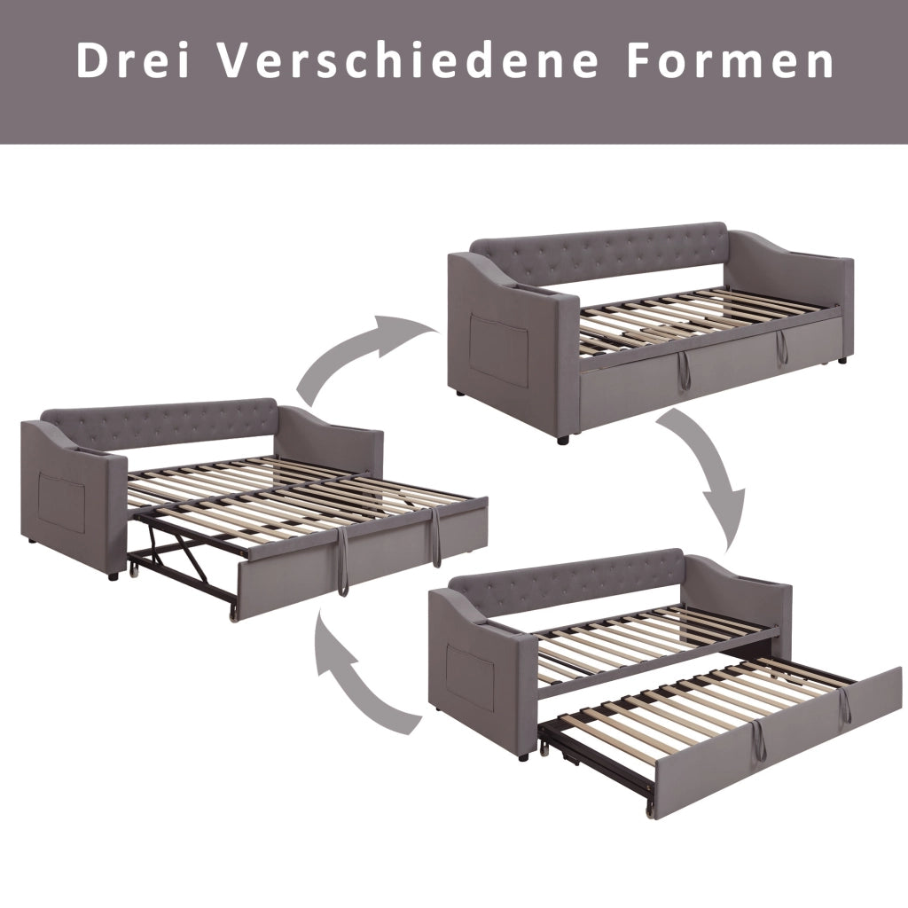 Divano letto 90 × 190 cm letto estraibile 180 × 190 cm con porte di ricarica in velluto grigio e rete a doghe