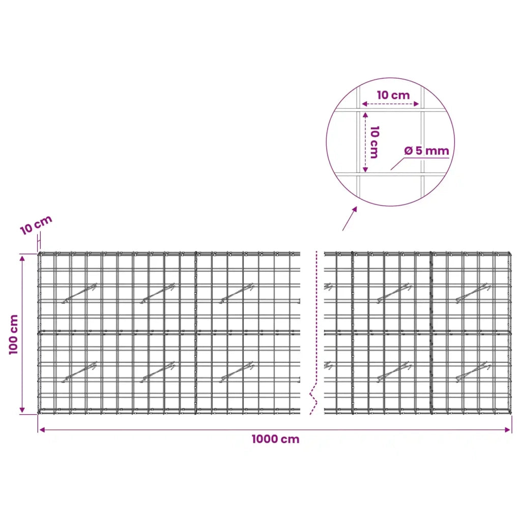 Gabione con Filo da 5 mm e Rete da 10x10 cm 1000x10x100 cm 3464942