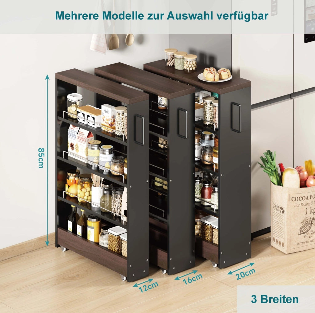 Carrello portatutto stretto 55x20x85 cm in MDF nero/marrone su ruote per cucina
