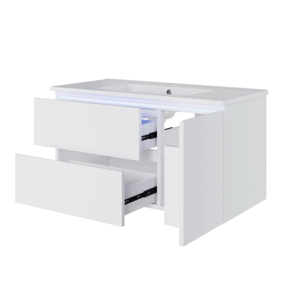 Mobile lavabo sospeso 91.5x46.5x50.5 cm con LED a sensore; lavabo in ceramica; bianco