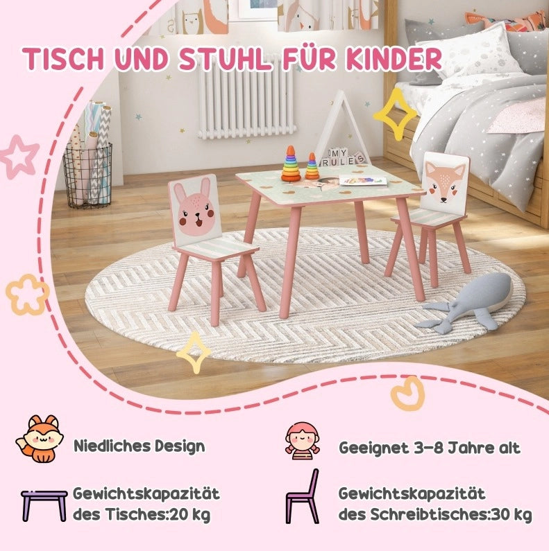 Set tavolo e 2 sedie per bambini in pino, rosa