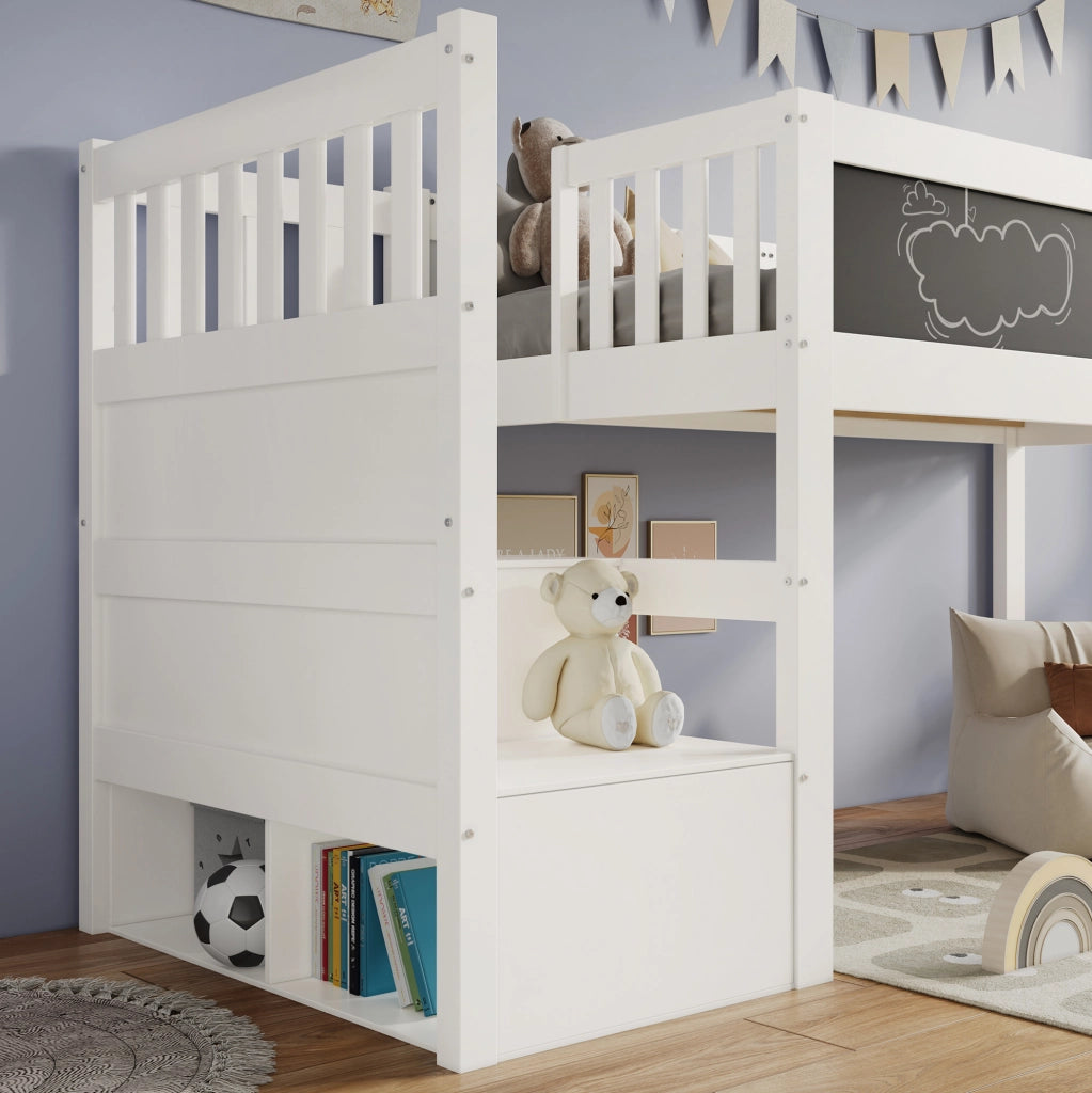 Letto a castello per bambini 90x200 cm in legno bianco con lavagna e protezione anticaduta, senza materasso