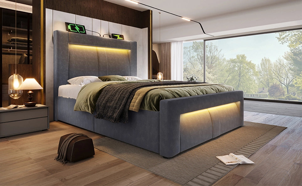 Letto singolo 90x200 cm in velluto grigio con contenitore, illuminazione LED smart e stazioni di ricarica USB e Type-C, senza materasso