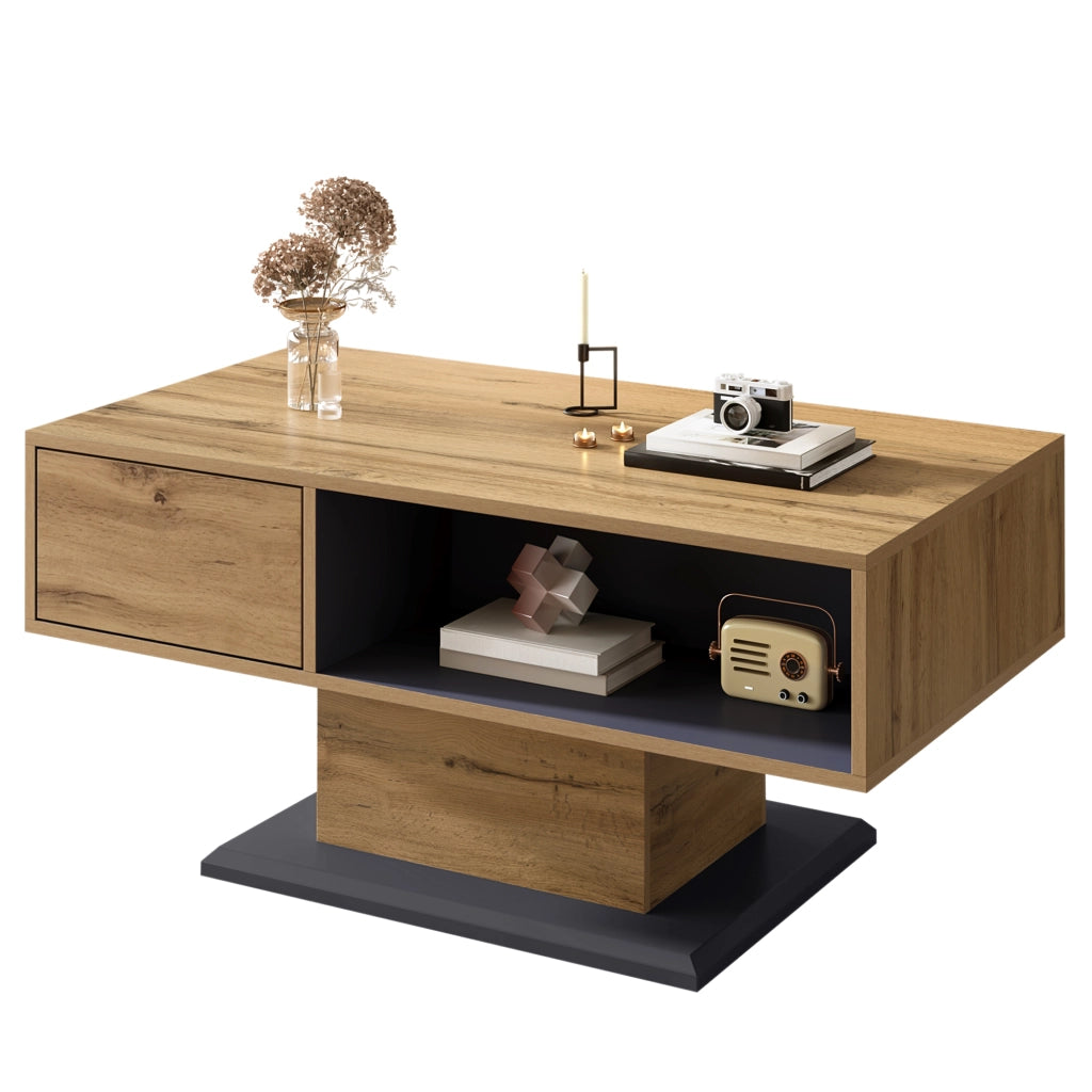 OKWISH Tavolino da Caffè Moderno con Vani su Due Lati e Scomparto Interno, per Soggiorno, Grigio Rovere, 100 x 50 x 46,5 cm