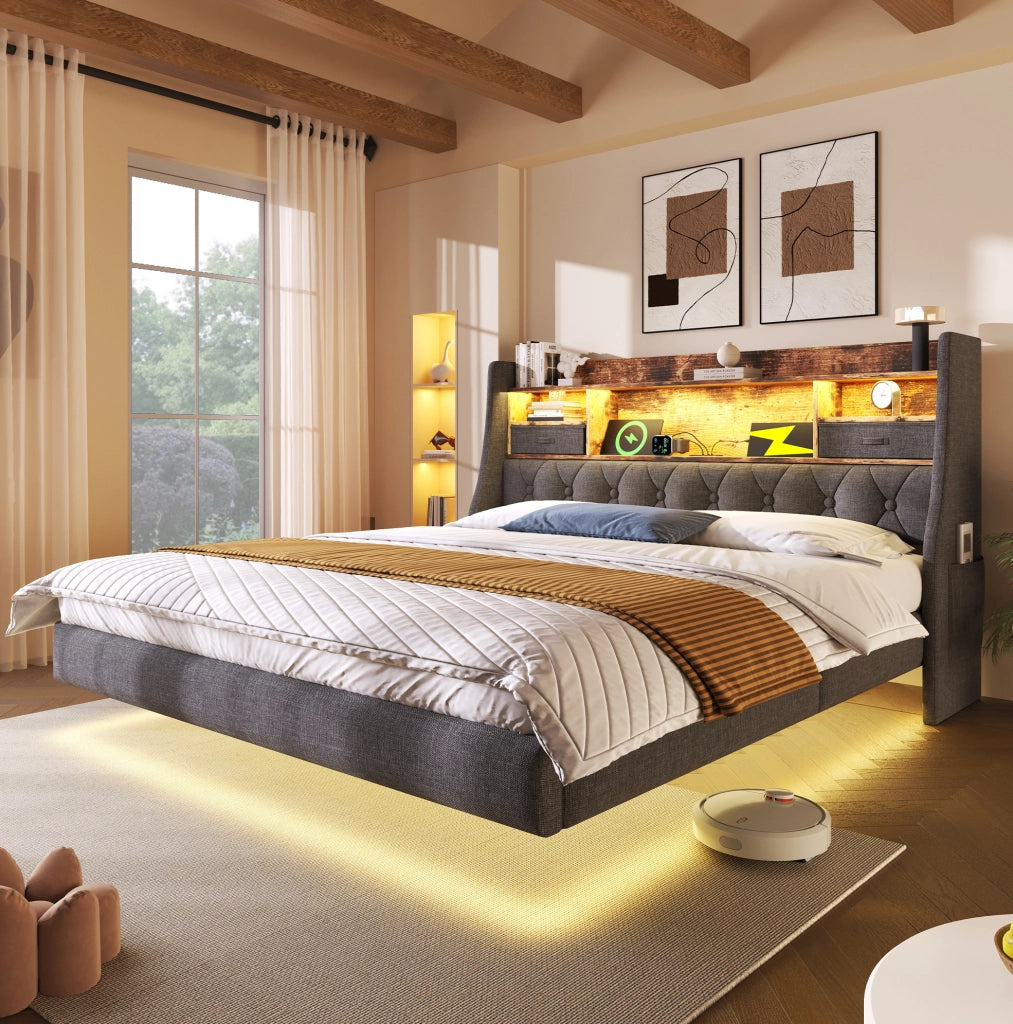 Letto matrimoniale 140x190 cm con LED; testiera con ricarica USB/Type-C e rete a doghe grigio HOMVRA