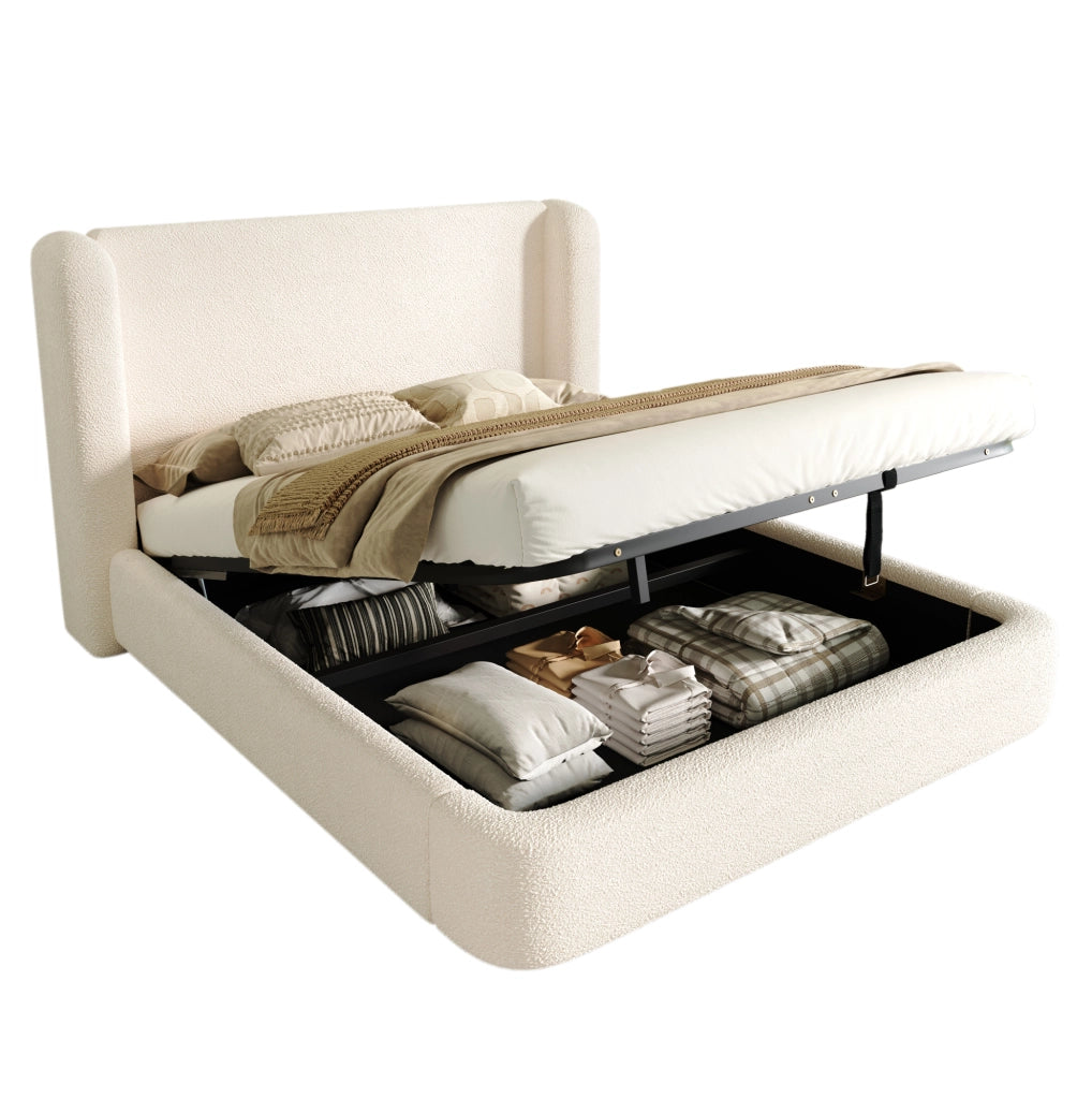Letto contenitore 160x200 cm in bouclé beige, testiera, rete, senza materasso