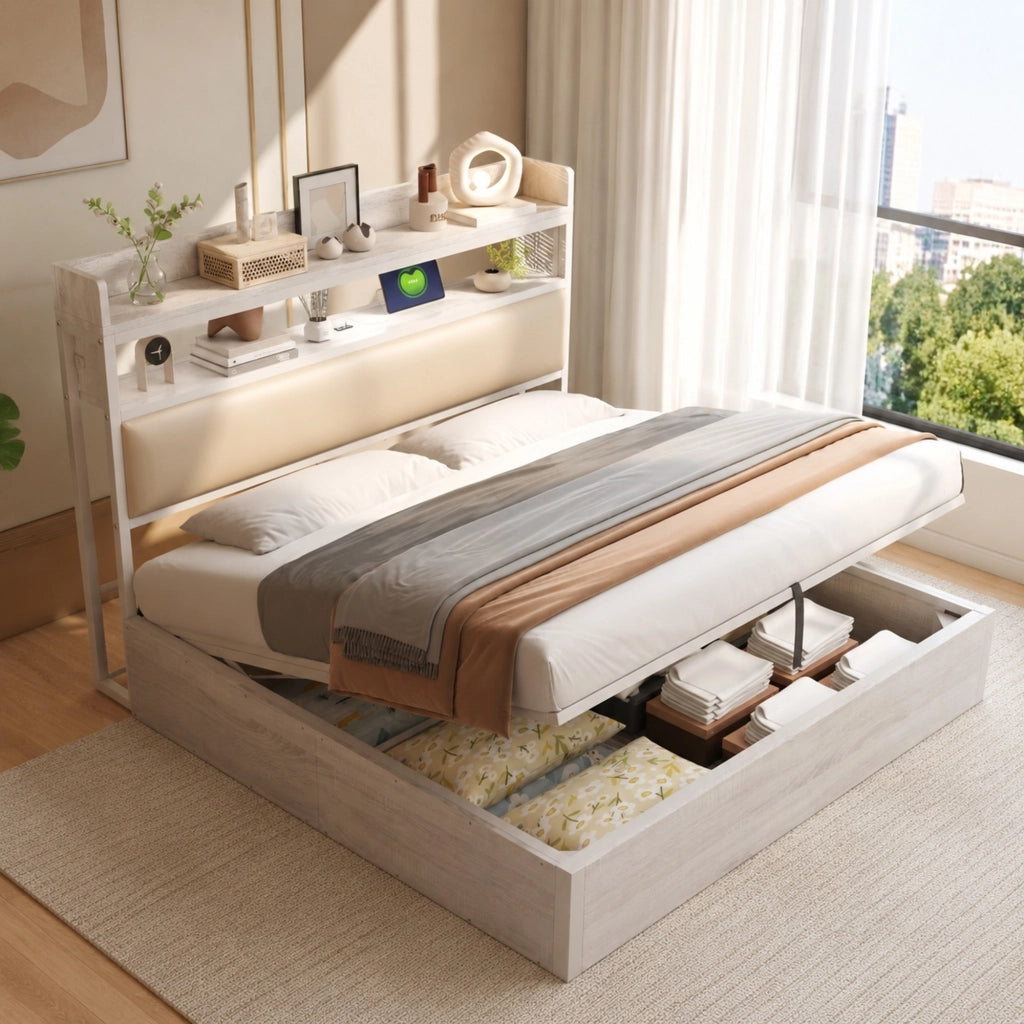 Letto matrimoniale 180x200 cm con contenitore idraulico, USB e testiera bianca