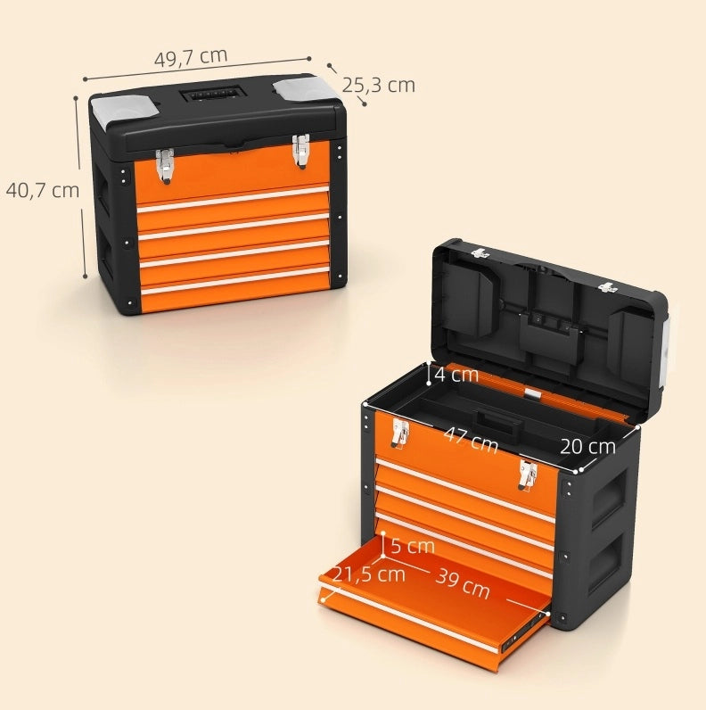 Cassettiera portautensili in acciaio con 4 cassetti, 49,7 x 25,3 x 40,7 cm, arancione, con vassoio superiore rimovibile e maniglia