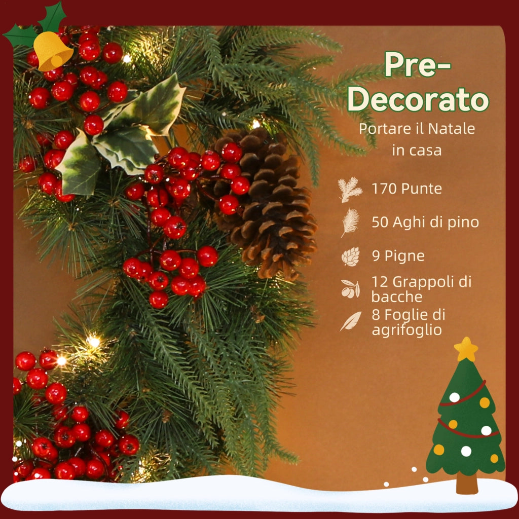 Ghirlanda Natalizia Decorativa da Interno 60cm con 35 LED Pigne Bacche e Agrifoglio