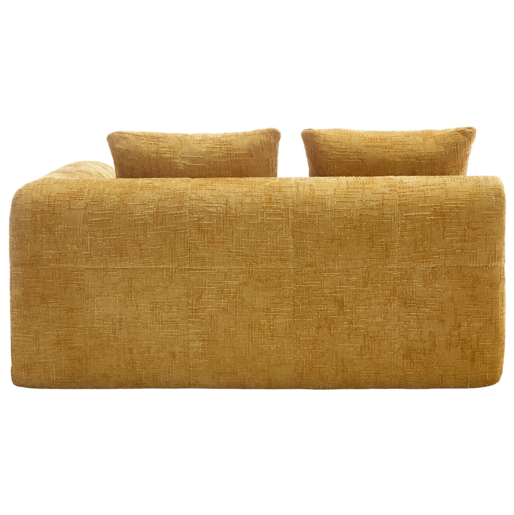 Divano 2 posti con chaise longue, tessuto chenille giallo, con cuscino e tasche laterali