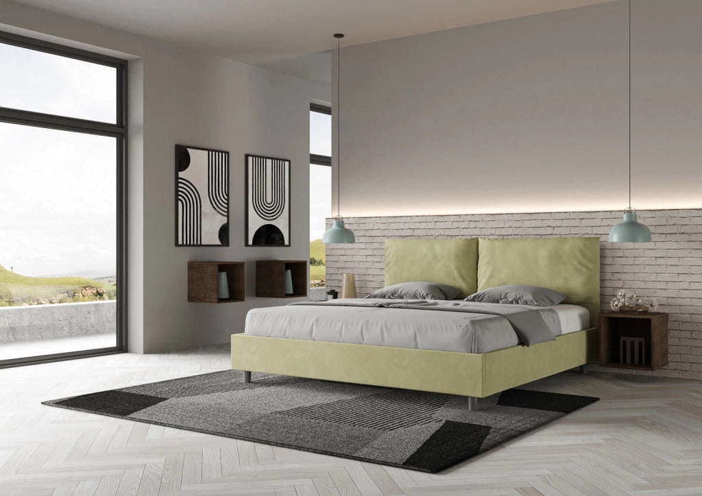 Letto Matrimoniale Queen Size 150x210 cm con Rete e Contenitore Imbottito in Microfibra Antea Large Tè Verde