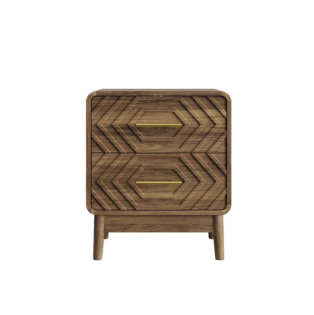 Comodino in stile Mid-Century con intagli geometrici, due cassetti, finitura noce e maniglie in metallo dorato
