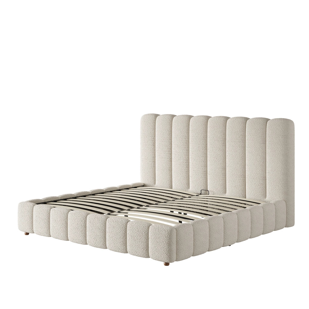 Letto 160x200 cm con contenitore idraulico, rete a doghe e rivestimento boucl¨¦ bianco