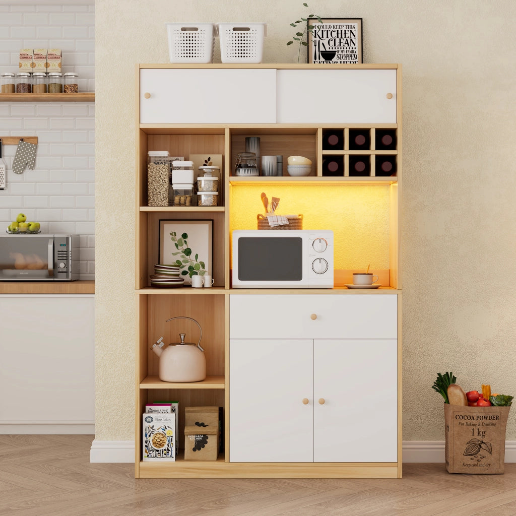Mobile colonna da cucina con LED regolabile e ripiani aperti in truciolare bianco e naturale 115 × 35 × 180 cm