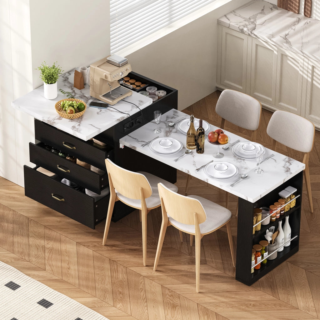 Tavolo allungabile da pranzo con LED; porte USB e Type-C; cassetti e ripiani aperti; nero in MDF