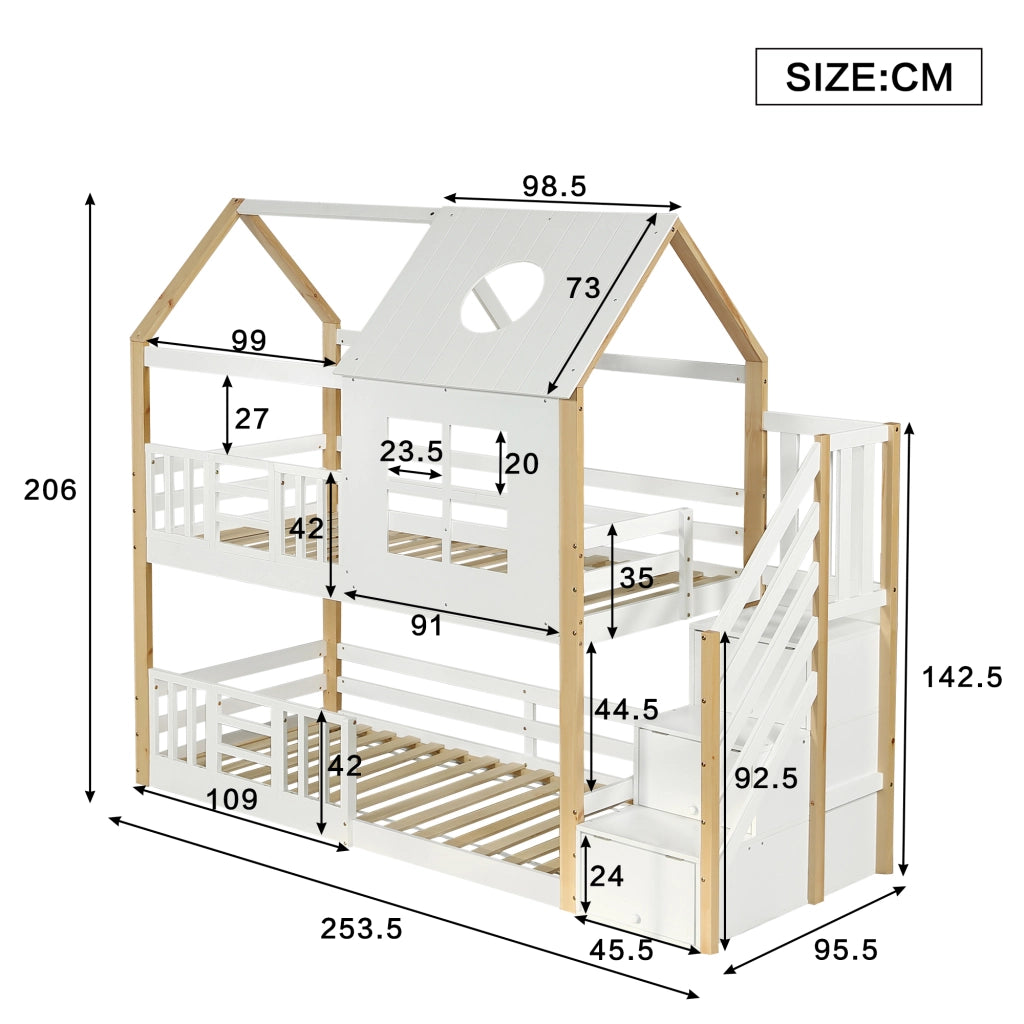 OKWISH Letto a Castello 90×200 cm, Letto Singolo con Scala Contenitore, Sponde e Design a Casetta, senza Materasso, Bianco Naturale