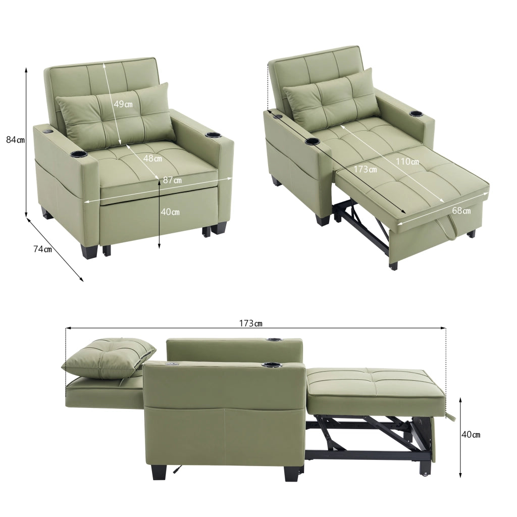 Poltrona letto 3 in 1 estraibile avocado con schienale regolabile a tre inclinazioni e tasca laterale