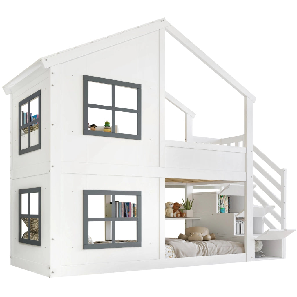 Letto a castello per bambini 90×200 cm con scala contenitore, finestre e tetto, senza materasso, bianco e grigio