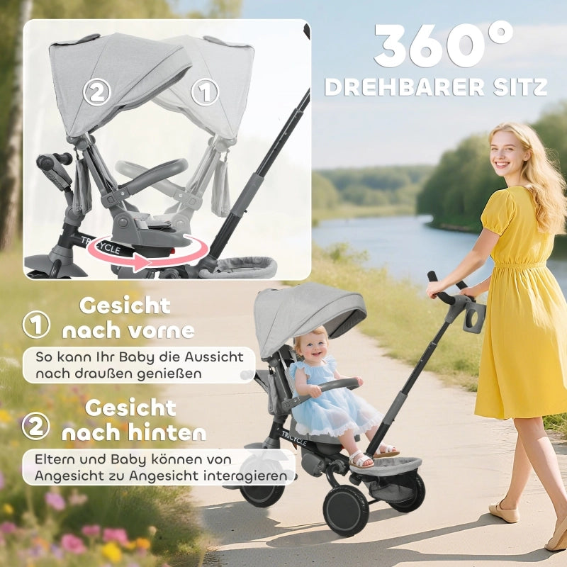 Triciclo per bambini, passeggino 6 in 1 per i pi¨´ piccoli, con maniglione, sedile regolabile, design pieghevole, rete di sicurezza, grigio