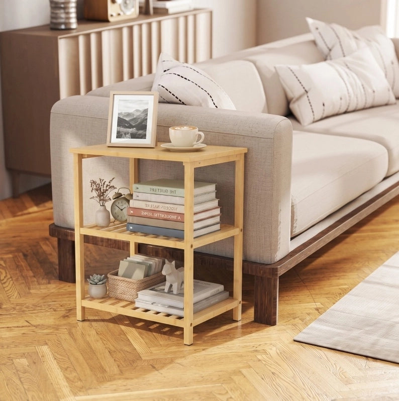 Tavolino in bambù con 3 ripiani e struttura a doghe, 40,6x30x50,5 cm, colore naturale