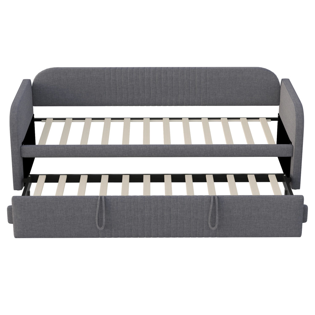 Divano letto imbottito 90x190 cm; letto estraibile 180x190 cm; grigio con rete a doghe