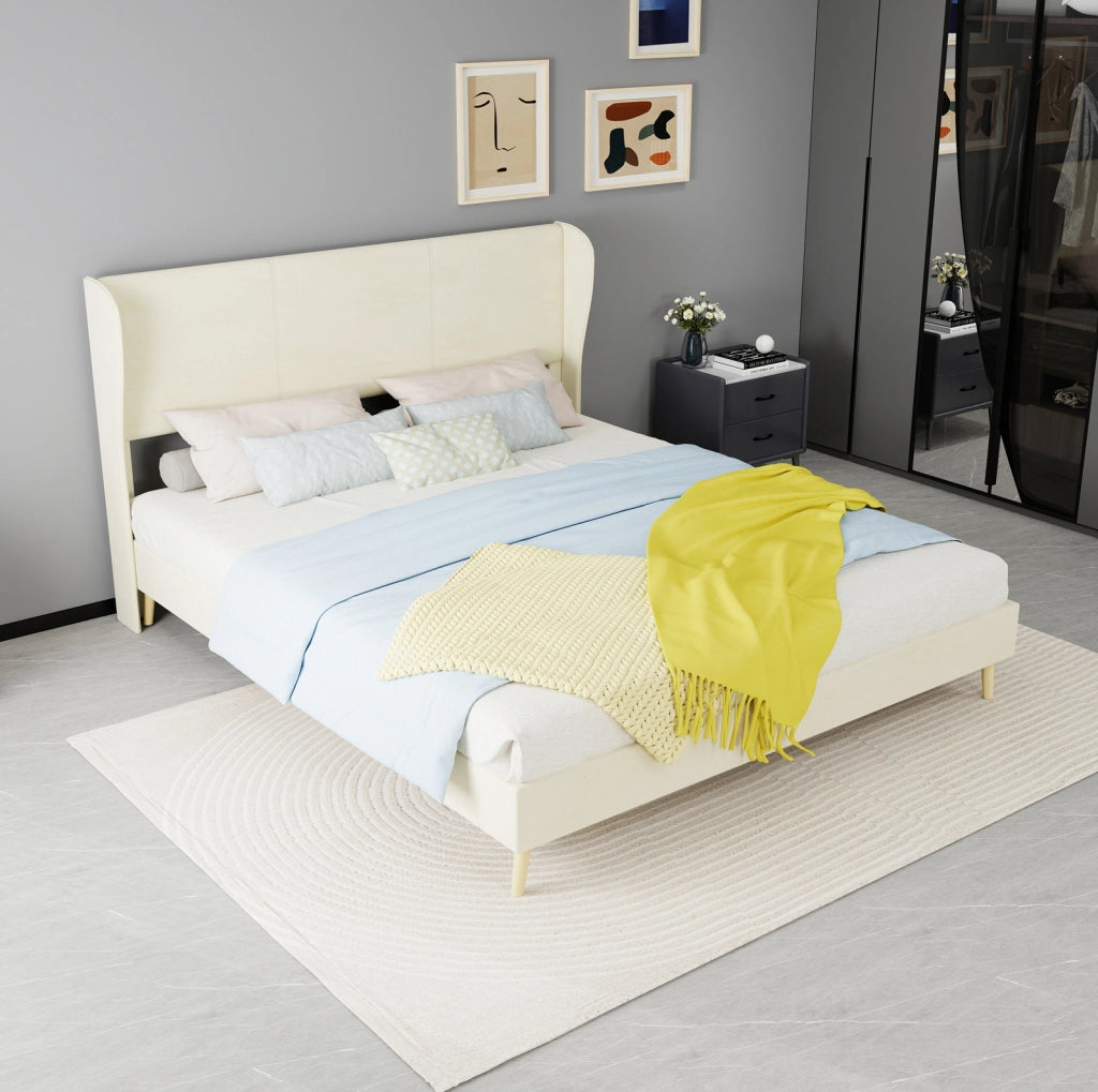 Letto imbottito moderno 160x200 cm con testiera beige e base bassa senza contenitore