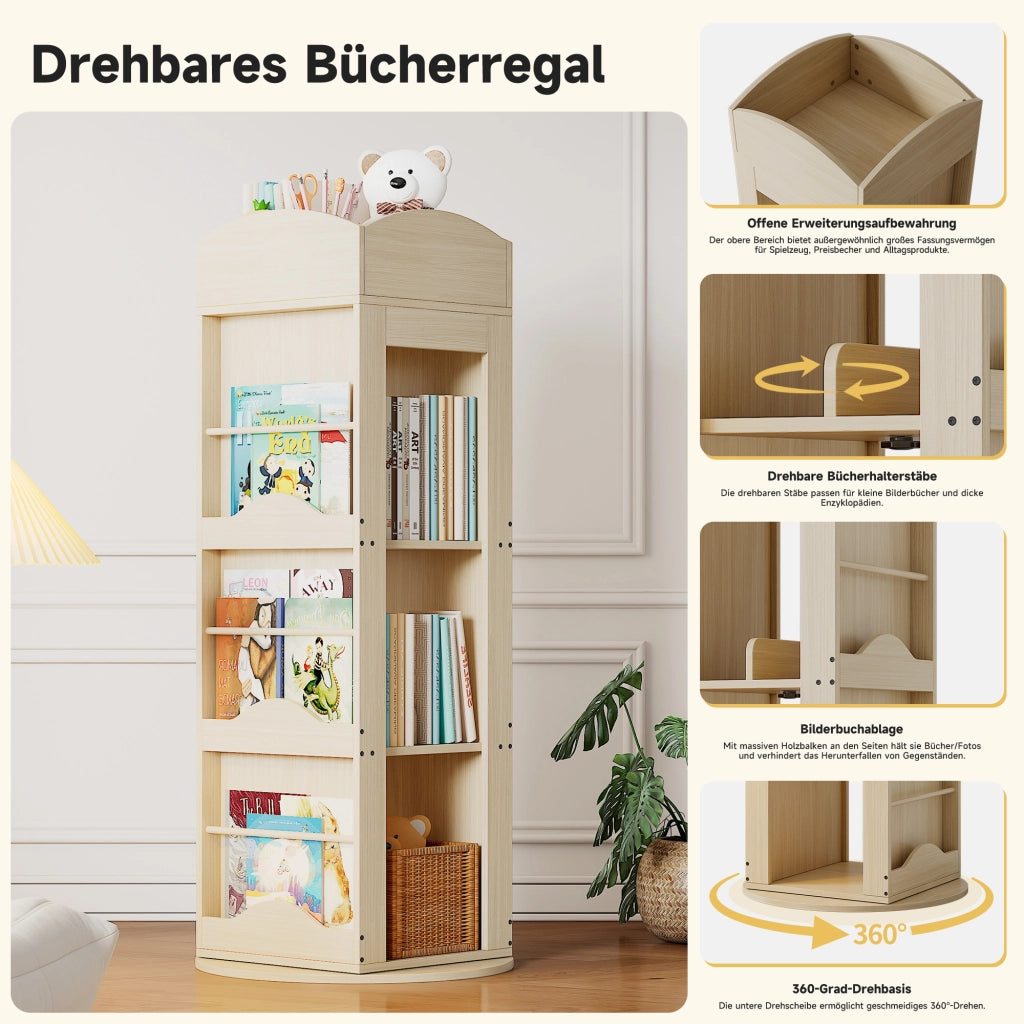Libreria girevole a 360° con 4 ripiani e vani laterali in MDF naturale 142 × 63 × 63 cm
