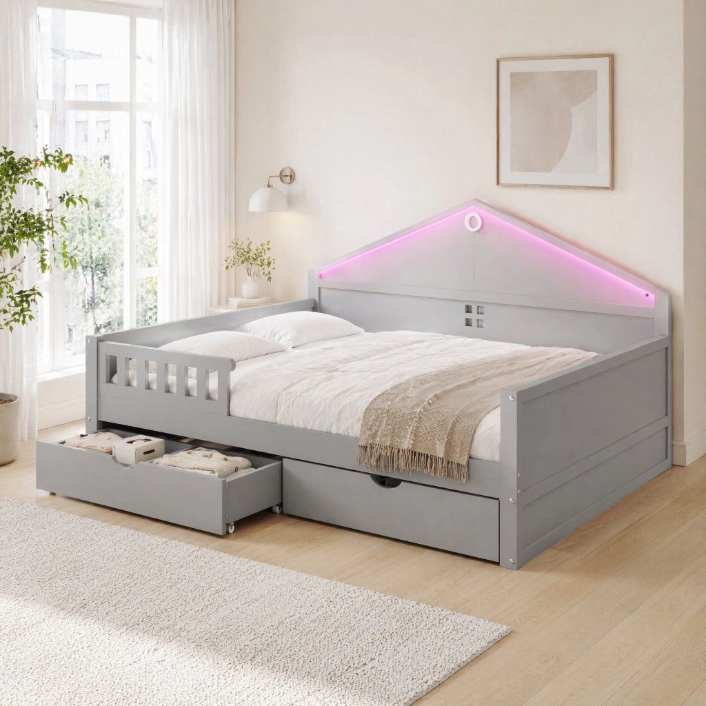 Letto singolo 140×200 cm grigio con LED, 2 cassetti e rete a doghe