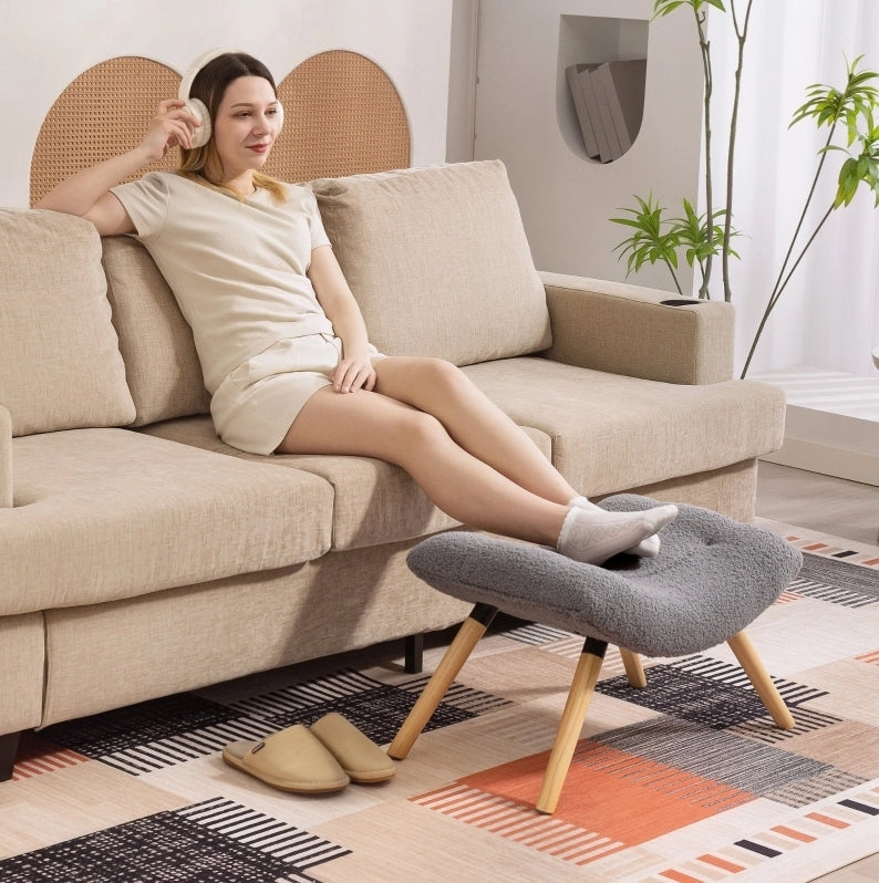 Pouf in tessuto Berber fleece grigio scuro con struttura in legno di faggio, 67x45x38 cm, portata 120 kg