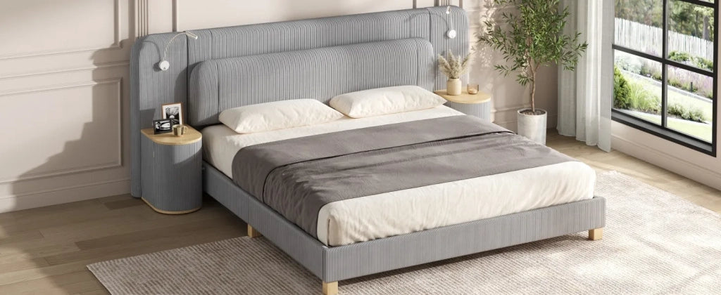Letto 180x200 cm in velluto a coste grigio con comodino e lampada da notte