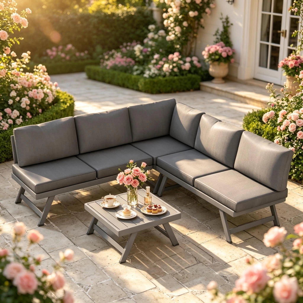 Set da giardino angolare 5 posti con tavolino in acciaio e alluminio grigio